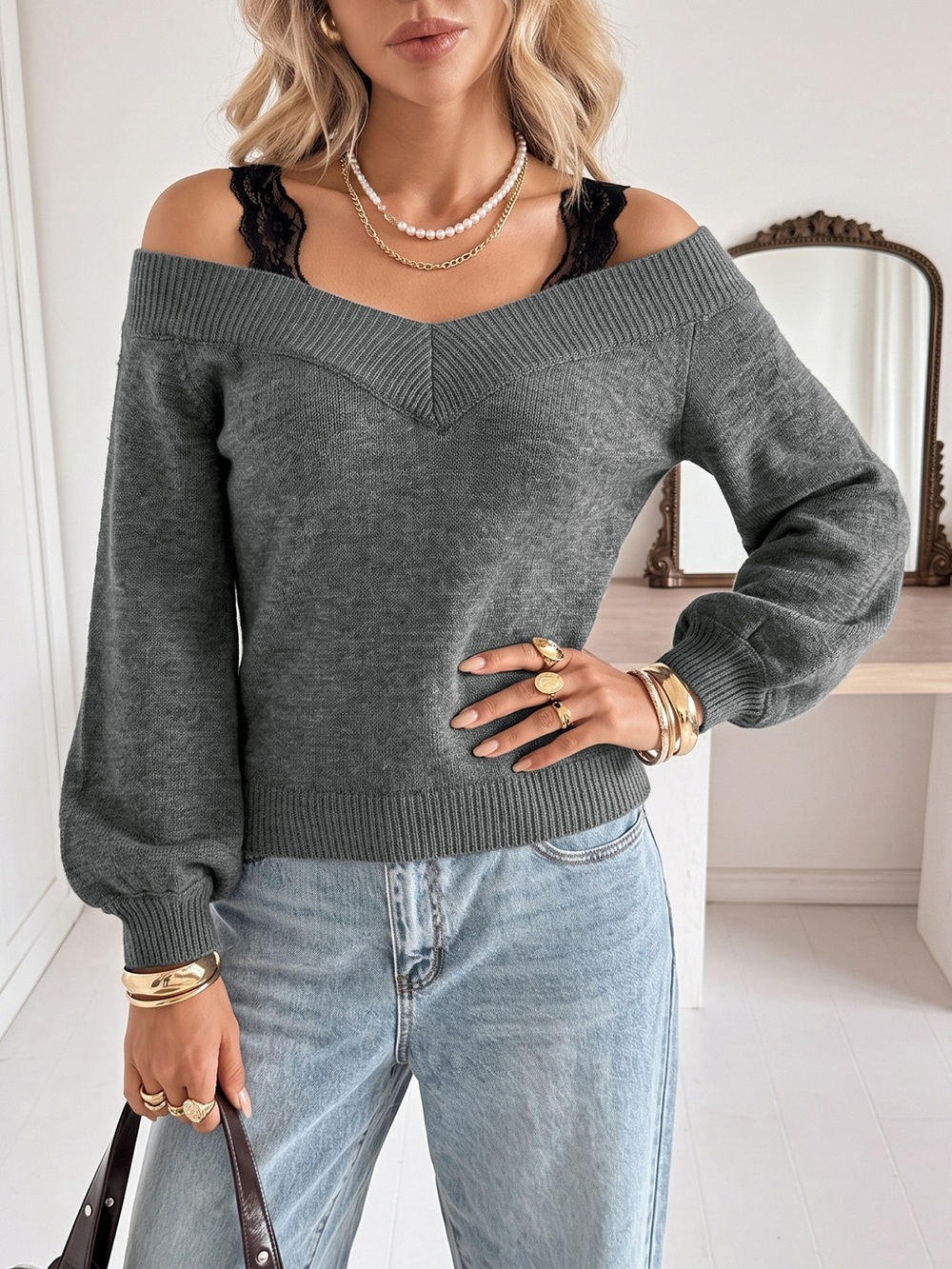 Off-Shoulder Lace Trim Sweater - Picture 4 of 14